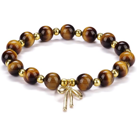 Tiger Eye Flower Handmade Stretch Dainty Bead Bow Charm Bracelet for Women - Picture 4 of 6